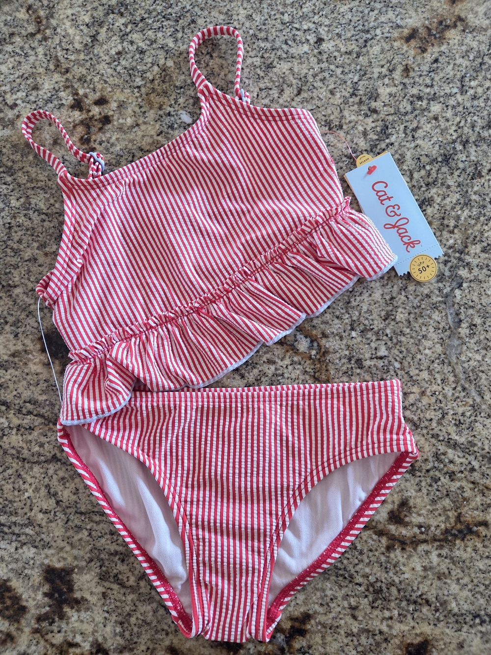Cat & Jack Pink and White Stripe Ruffle Tankini Two-Piece Swim Set